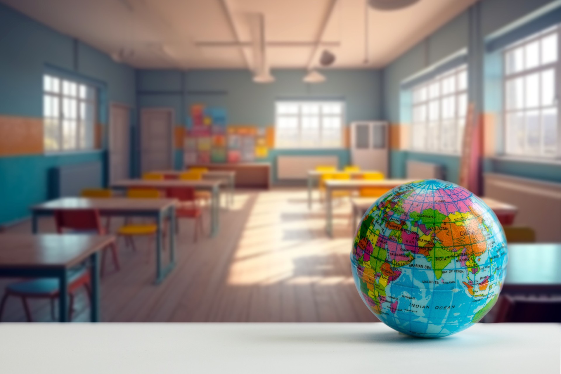 Earth globe model ball map with class room background on tablet in classroom. Concept for global international educaiton or communications, politics environmental for learning world wide. colorful